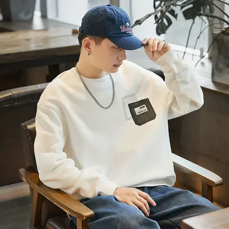 唐狮秋款卫衣男士长袖卫衣秋男圆领撞色口袋细节长袖拼接卫衣TMTA图片