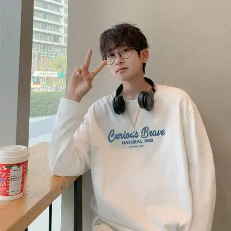 唐狮春秋款男长袖t宽松印花圆领纯棉长袖打底青少年上衣潮TE图片