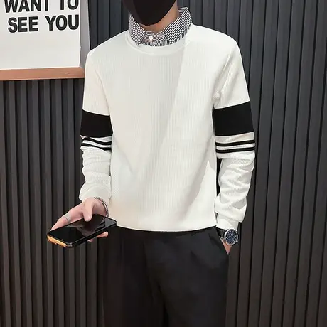 假两件卫衣男秋季新款潮流休闲上衣撞色条纹设计感衬衫领上衣外套商品大图