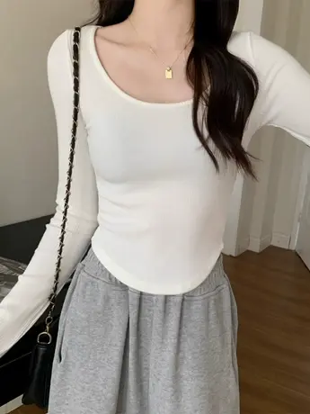 白色内搭打底衫女2023新款春秋装冬季辣妹短款长袖t恤甜辣小上衣商品大图