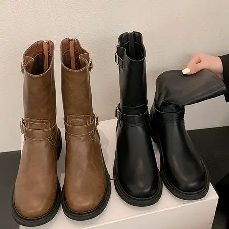 2023年秋季新款靴子女小个子厚底增高中筒靴英伦风复古棕色马丁靴商品大图