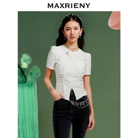 MAXRIENY设计感抽褶水晶花T恤2023春季新款上衣针织修身收腰小衫图片