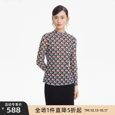 LANCY/朗姿秋季新款长袖小立领衬衫格纹印花修身显瘦通勤上衣图片
