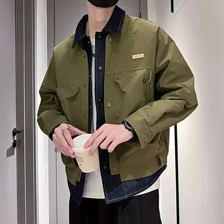 设计感拼接牛仔假两件工装夹克男秋冬季加厚个性翻领夹棉冬装外套商品大图
