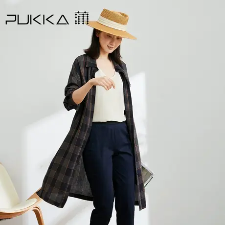 蒲PUKKA 中长款棉质风衣女春装新款设计感格纹上衣商场同款商品大图