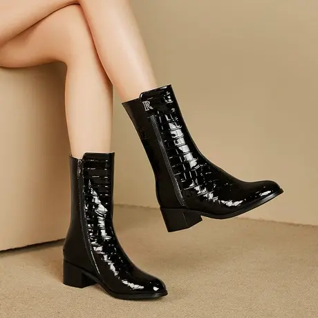 真皮女靴圆头中筒靴2023秋冬新款加绒粗跟欧美复古风亮皮女鞋百搭图片