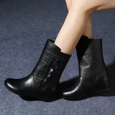全牛皮中筒靴女秋冬新款真皮马丁靴平底内增高短靴圆头女士短靴商品大图