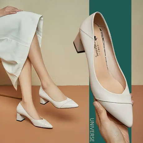 春款女鞋年新款百搭粗跟尖头白色浅口里外全皮粗跟中跟单鞋女商品大图