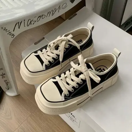 方头帆布鞋女2023新款网红超火爆款小白鞋子厚底增高休闲学生板鞋商品大图