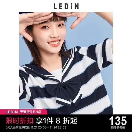 乐町学院条纹海军风领结短袖T恤少女夏季新款短款甜美上衣女商品大图