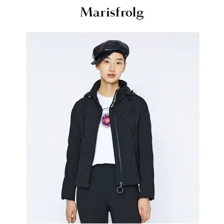 【抗皱面料】玛丝菲尔冬季新款黑色短款收腰波浪绗缝白鹅绒羽绒服商品大图