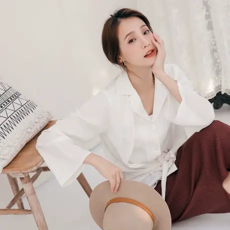 桔熊春秋季纯色假两件套收腰扭结长袖衬衫上衣女大码AB13700图片