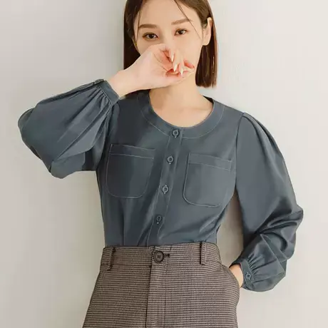 桔熊秋季通勤复古圆领衬衫口袋宽松长袖上衣女胖妹妹大码AB17620图片