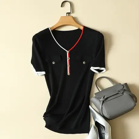 冰丝针织衫女短袖t恤2023夏季新款韩版修身短款显瘦薄款打底上衣图片
