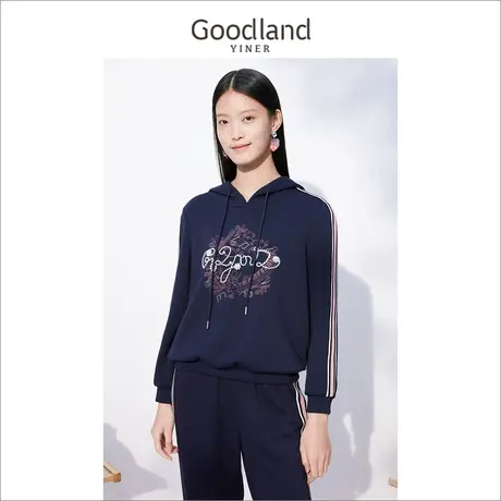 音儿美地女装2022冬季新款钉珠刺绣上衣连帽卫衣针织衫商品大图