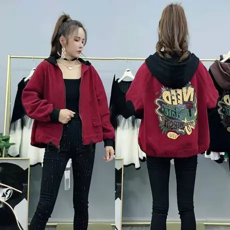 早秋牛仔短外套女宽松长袖连帽后背卡通涂鸦显瘦上衣夹克衫潮女装商品大图