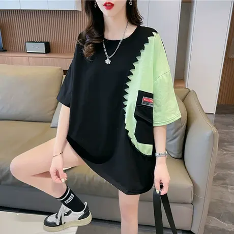 小众设计感短袖t恤女夏季韩版宽松大码女装中长款撞色百搭上衣服图片