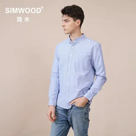 Simwood简木男装秋装新款纯棉蓝白条纹衬衣男士休闲长袖衬衫商品大图