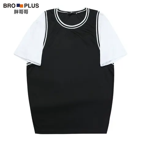 胖哥哥大码T恤男短袖胖子体恤夏拼接加肥加大宽松运动假两件上衣图片