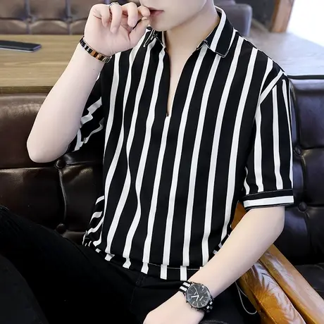 男士个性夏装短袖韩版V领五分袖打底衫发型师衬衣领潮流半截袖t恤图片