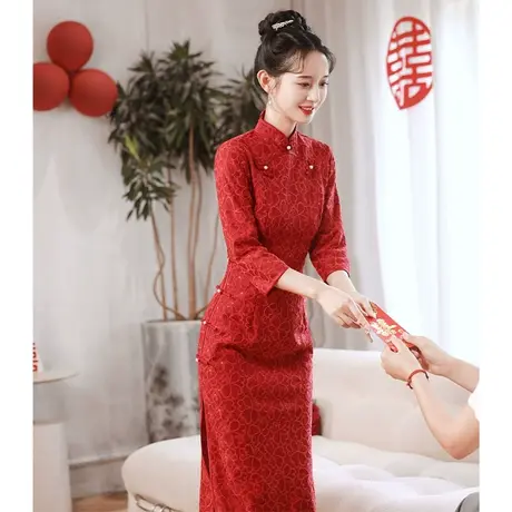 红色旗袍2023年新款敬酒服新娘长款秋冬蕾丝订婚回门年轻款连衣裙图片