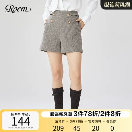 Roem格纹复古短裤春秋 新款舒适显瘦高腰阔腿裤子女RCTCB8T01B商品大图