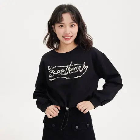 尔给圆领黑色短款卫衣女春秋2022新款小个子减龄设计感长袖上衣图片