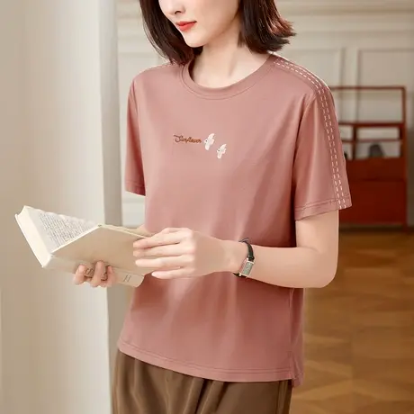 高级感纯棉t恤衫2024年春夏季时尚刺绣短袖上衣女士洋气大码体恤商品大图