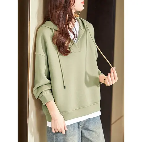 宝诗黎落肩长袖宽松套头上衣2024春季新款连帽假两件拼接棉质卫衣图片