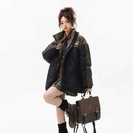 YEP潮牌拼接棉衣外套女冬季加厚面包服设计感美式复古宽松棉服图片