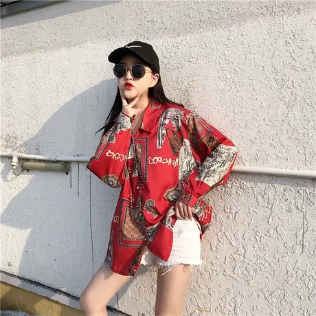 港风少女感红色花衬衫女2021秋季新款上衣洋气复古港味设计感小众图片