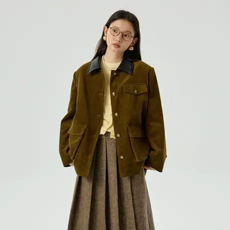 omont蛋挞家 复古灯芯绒外套女2023秋冬新款宽松休闲撞色夹克上衣商品大图