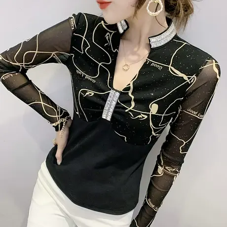 2024秋装新款时尚烫钻V领T恤复古印花上衣紧身内搭打底衫女长袖潮商品大图