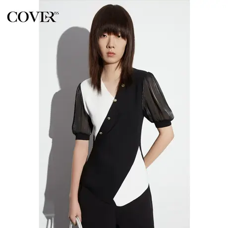 COVER夏季交叉V领撞色冰丝针织衫商品大图