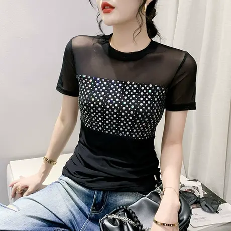 夜店风闪亮片T恤女短袖欧货性感网纱拼接上衣气质圆领修身小衫夏商品大图