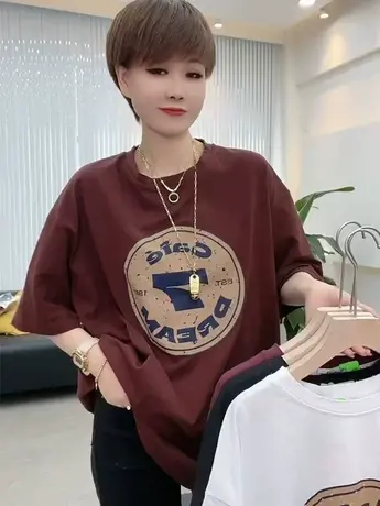 欧货街头短袖t恤女2023夏季新款高级感字母印花宽松圆领上衣女潮商品大图