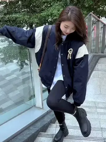 美式高街拼接撞色立领加棉棒球服女2023秋冬新款设计感宽松外套潮商品大图