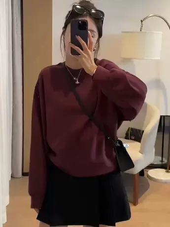 2023年秋季圆领宽松显瘦长袖卫衣女韩版休闲设计感纯色简约上衣潮商品大图