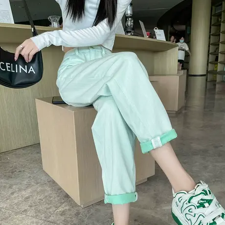 浅绿色牛仔裤女宽松直筒高腰女士春秋显瘦卷边休闲裤子哈伦老爹裤商品大图