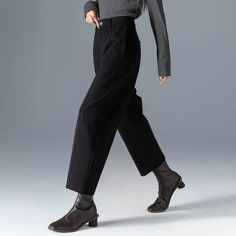 黑色毛呢裤子女秋冬2024新款小个子九分哈伦裤冬季加厚宽松休闲裤商品大图