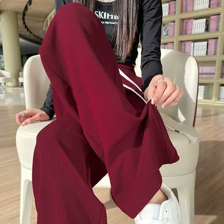 红色针织阔腿裤女春秋季2024新款高腰垂感显瘦抽绳休闲拖地直筒裤商品大图