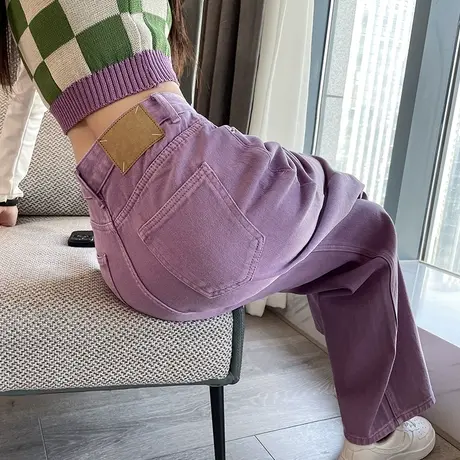 紫色阔腿牛仔裤女2023年春季新款高腰宽松显瘦ins糖果色直筒长裤商品大图