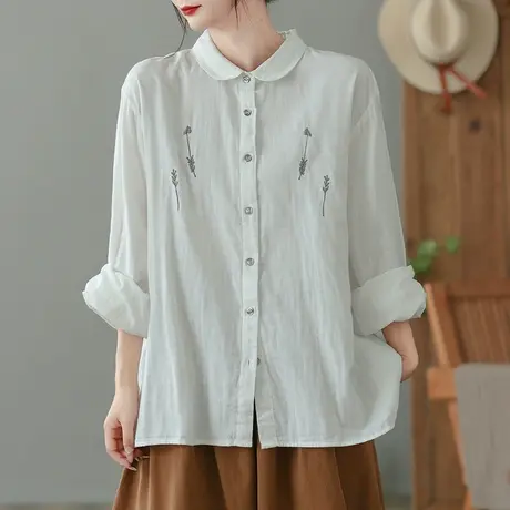 dza 复古纯棉刺绣白色衬衣女士春秋宽松上衣内搭显瘦polo领子衬衫图片