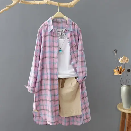 格子防晒衫女中长款韩版宽松2024年夏装新款薄衬衫女长袖防晒衬衣商品大图