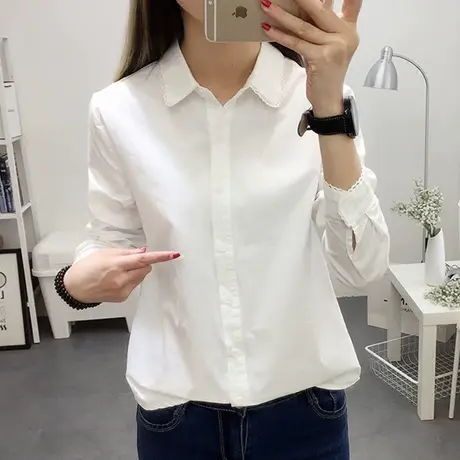 2021春装新款韩版蕾丝纯棉白色衬衫女长袖简约宽松打底衬衣女学生商品大图