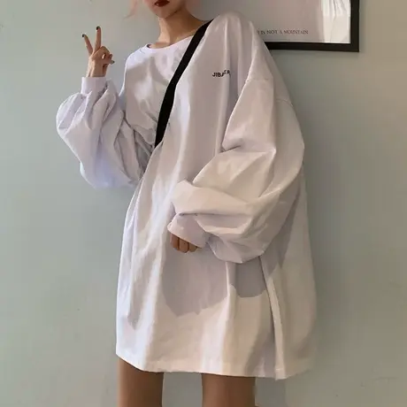 原宿大码长袖女韩版bf风灯笼袖纯色T恤秋季宽松百搭中长款上衣t图片