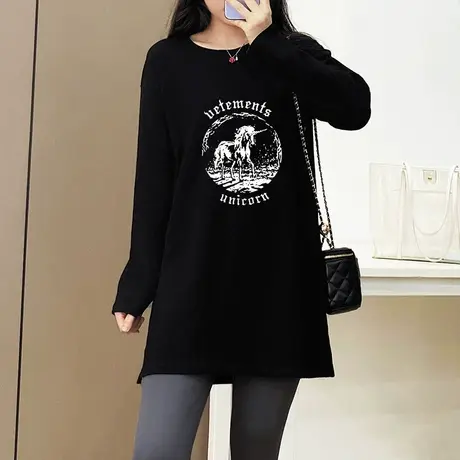 纯棉t恤女长袖打底衫秋冬季韩版宽松大码休闲中长款磨毛白色上衣图片