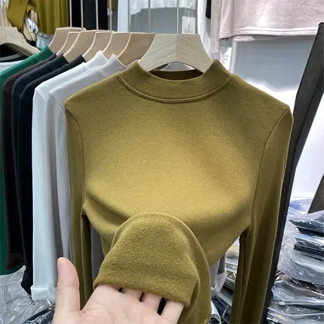 长袖T恤女秋冬基础款加绒加厚打底衫显瘦纯色百搭半高领体恤上衣图片