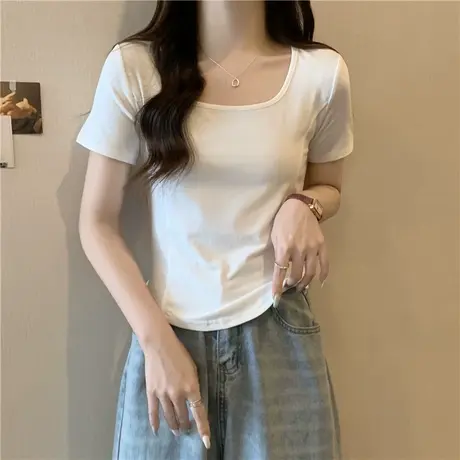 方领鱼骨半袖T恤女夏季纯棉正肩上衣2024新款韩版百搭短袖体恤潮商品大图