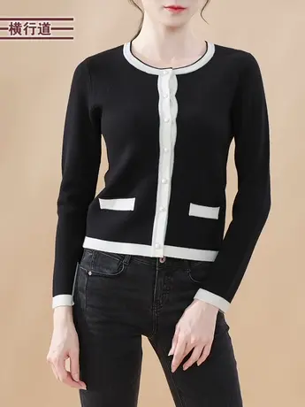 2024春季加厚圆领针织衫黑色开衫上衣服羊毛衫休闲白色短款外套女商品大图